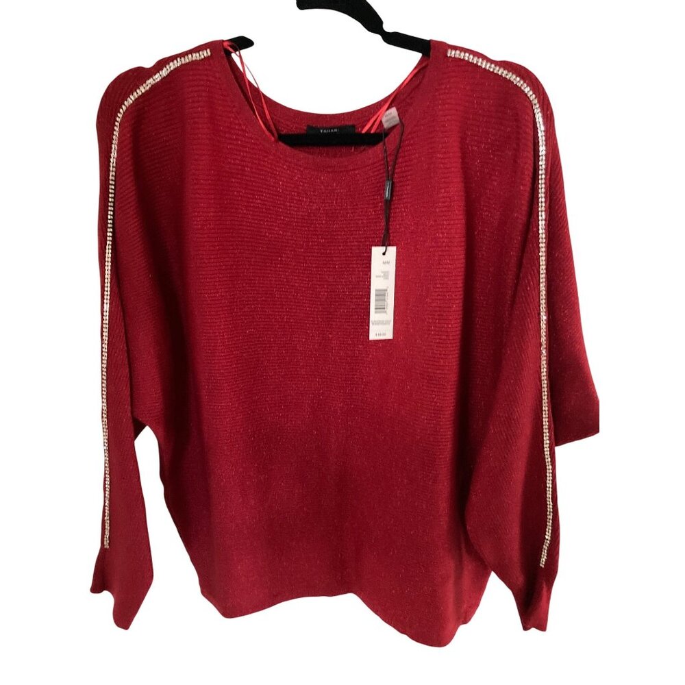 T TAHARI WOMENS RHINESTONE BOAT-NECK D BAKED CHERRY LUREX M NWT